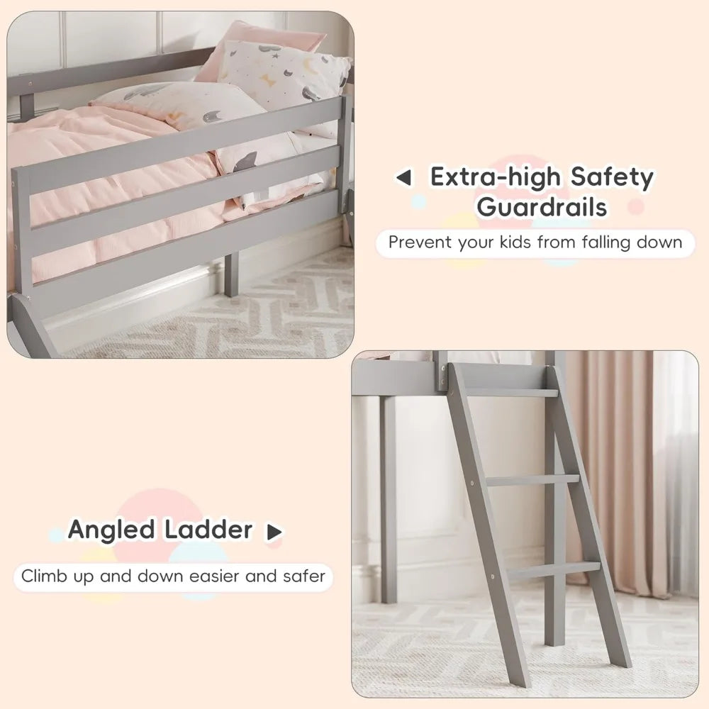 Cama alta doble, cama alta para niños pequeños con tobogán, escalera para trepar y barandilla de seguridad, espacio de almacenamiento inferior para niños pequeños