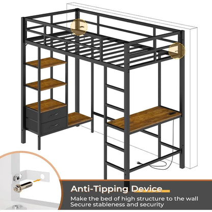 Twin Size Loft Bed, Desk and Led Lights Metal Loft Bed with Storage Shelves and Drawers Twin Junior Bed with Clothes Rail, Bed