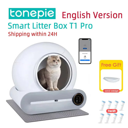 Caja de arena automática inteligente para gatos Tonepie de 65 l, caja de arena para gatos completamente cerrada y autolimpiante, bandeja de arena para mascotas