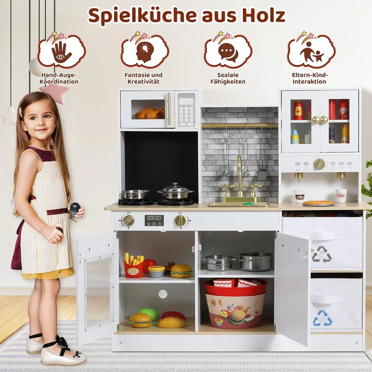 Cuisine de jeu pour tout-petits Ensemble de cuisine pour enfants Jouets de cuisine en bois avec effets lumineux et sonores simulés H 90 cm