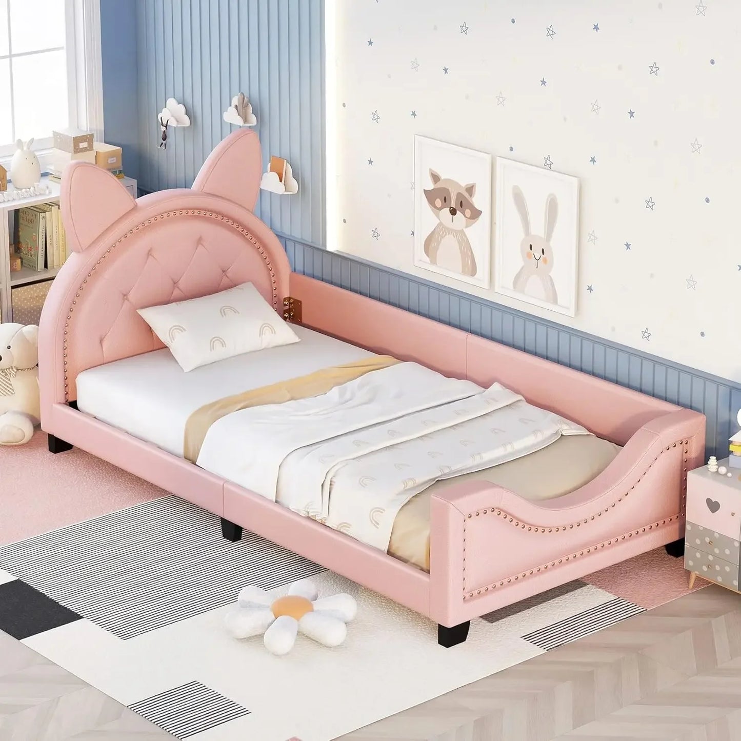 Cama de día tapizada tamaño twin con cabecero de orejas de conejo, estructura de cama con plataforma para niños, dormitorio infantil, no necesita somier