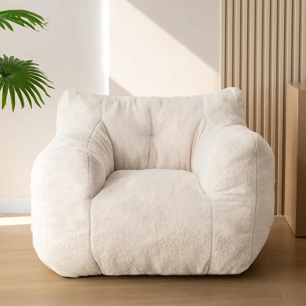 Sillón tipo puf Sherpa, sofá tipo puf con mechones de bouclé, sillón de salón para adultos y niños, sillón decorativo tipo sofá perezoso con bolsillo