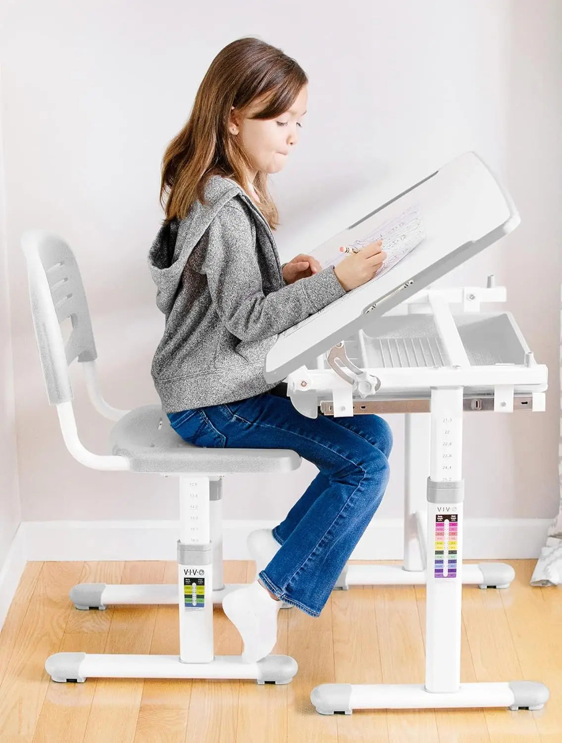 VIVO Gray Height Adjustable Childrens Desk and Chair Set | Kids Interactive Workstation