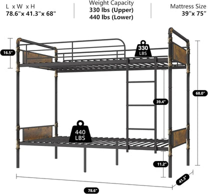 Lit superposé en métal 2 en 1, lit simple sur lit simple, convertible en 2 lits simples individuels pour enfants et adultes, 16,5" de hauteur