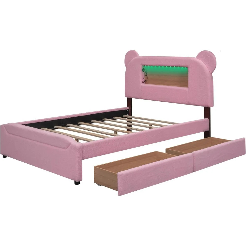 Cama tapizada moderna de tamaño completo con plataforma de almacenamiento, cabecero con orejas de dibujos animados y cajones, LED y USB, para niños, niñas y adolescentes