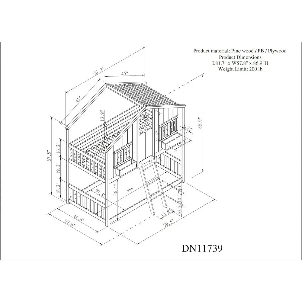 Litera doble para niños con estructura de madera, techo, ventana, jardinera, puerta, barandillas de seguridad y escalera, resistente y segura