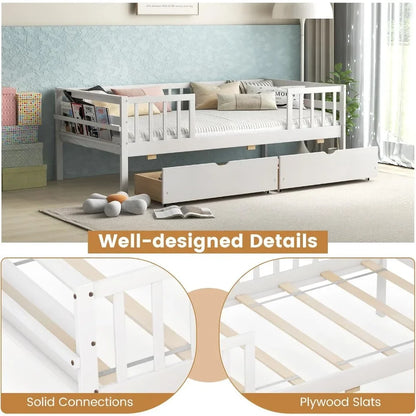 Cadre de lit double en bois pour enfants avec 2 tiroirs coulissants et étagère latérale, pas besoin de sommier Cadre de lit double avec balustrades