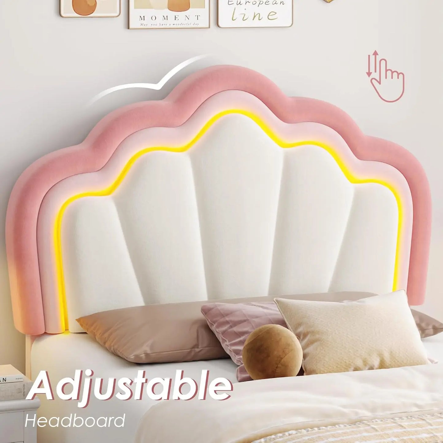 Marco de cama tapizado con luces LED y cajón de almacenamiento, linda cama para niñas con cabecero ajustable Lotus, plataforma de princesa de terciopelo