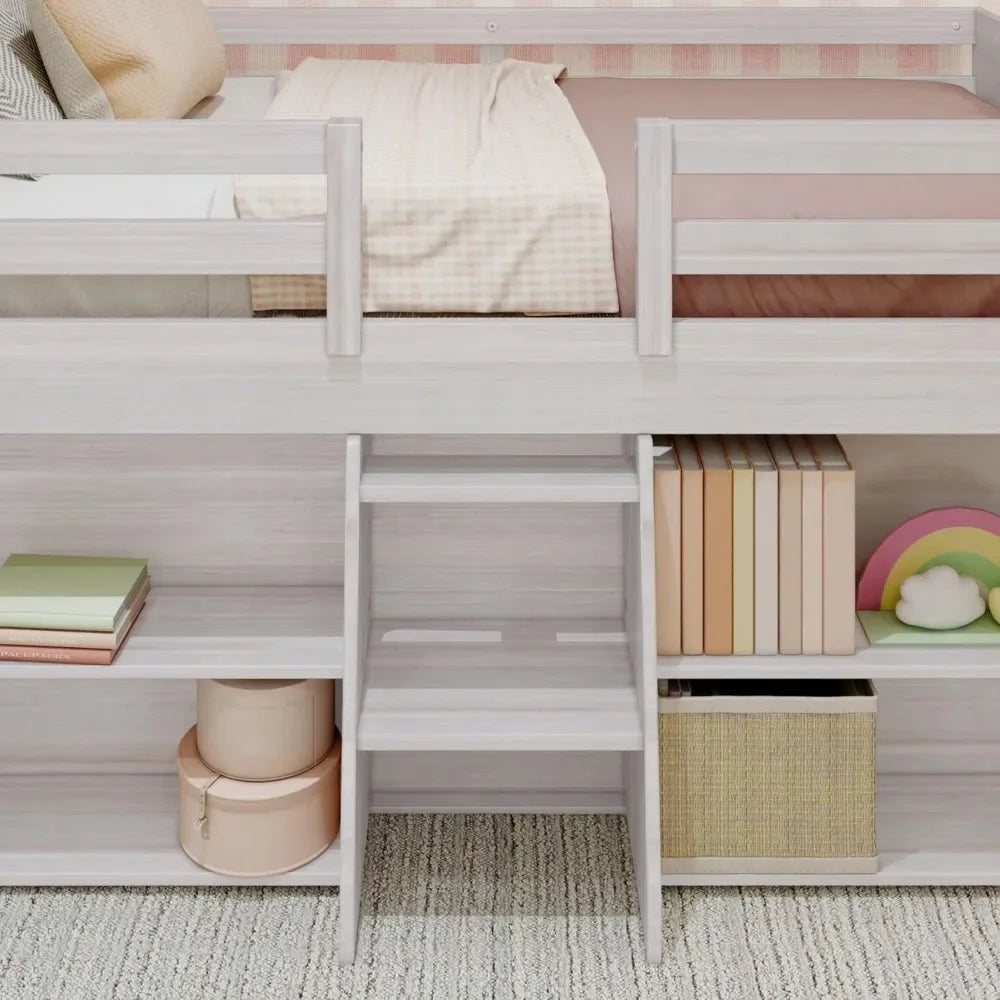 Lit mezzanine bas de ferme moderne, cadre de lit double pour enfants avec 2 bibliothèques, facile à assembler, meubles de chambre à coucher pour enfants