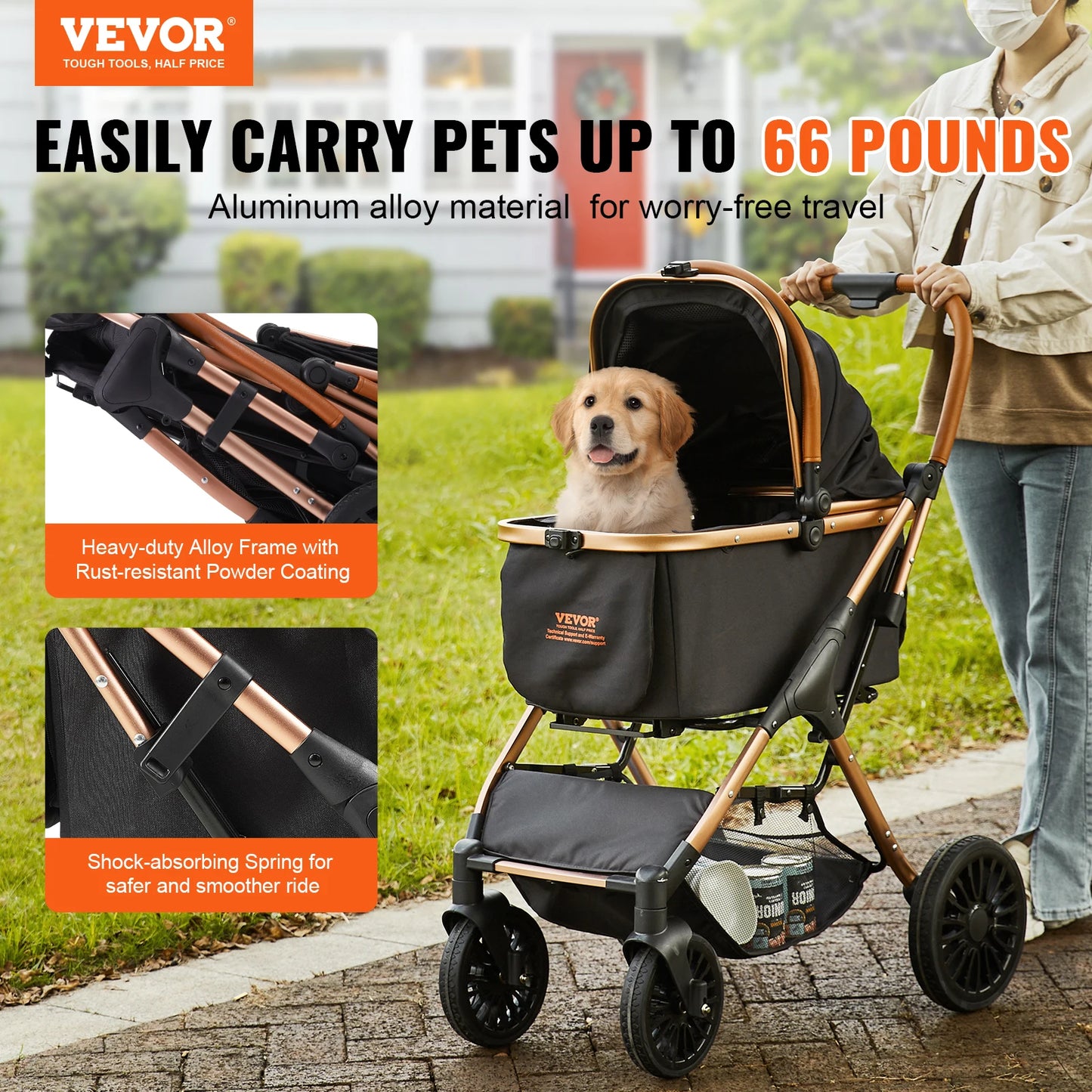 Poussette pliable pour animaux de compagnie VEVOR de 66 lb avec freins et panier de rangement amovible pour chiens de petite et moyenne taille