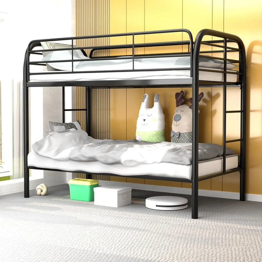 Metal Bunk Bed Twin Over Twin Size, Bunk Beds with Side Ladders & Safety Guard Rail, Space-Saving Design, Noiseless, Black