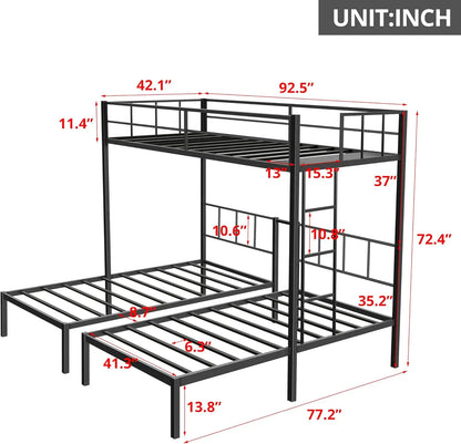 Lit superposé triple, lits superposés jumeaux et jumeaux en métal pour 3 personnes avec garde-corps, échelle et plate-forme de lit supérieure, lit superposé amovible pour 3 personnes