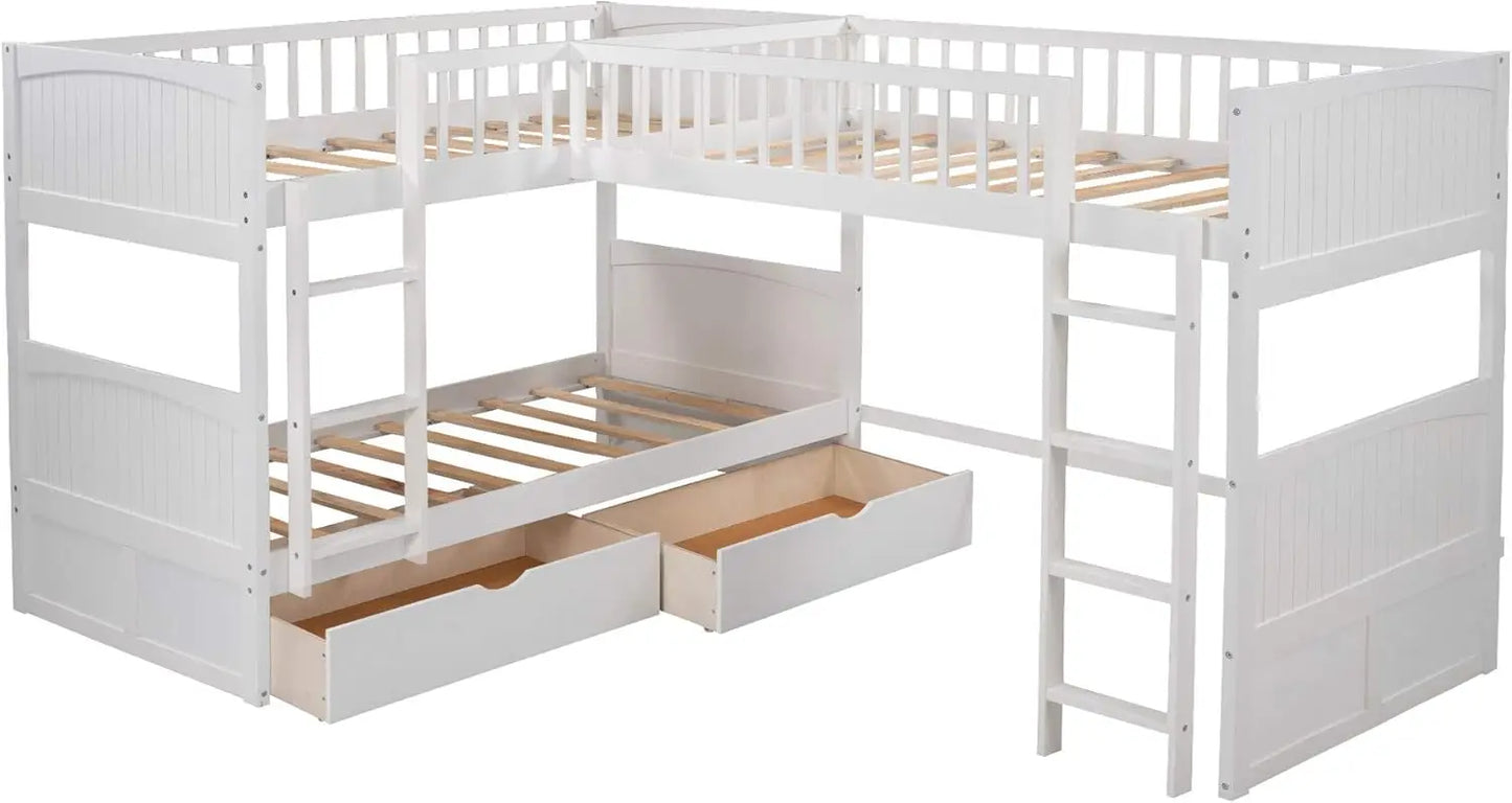 Triple Bunk Bed with Drawers, L-Shaped Bunk Beds for 3, Twin Over Twin Bunk Bed with a Loft Bed Attached for Kids, Teens, Adults