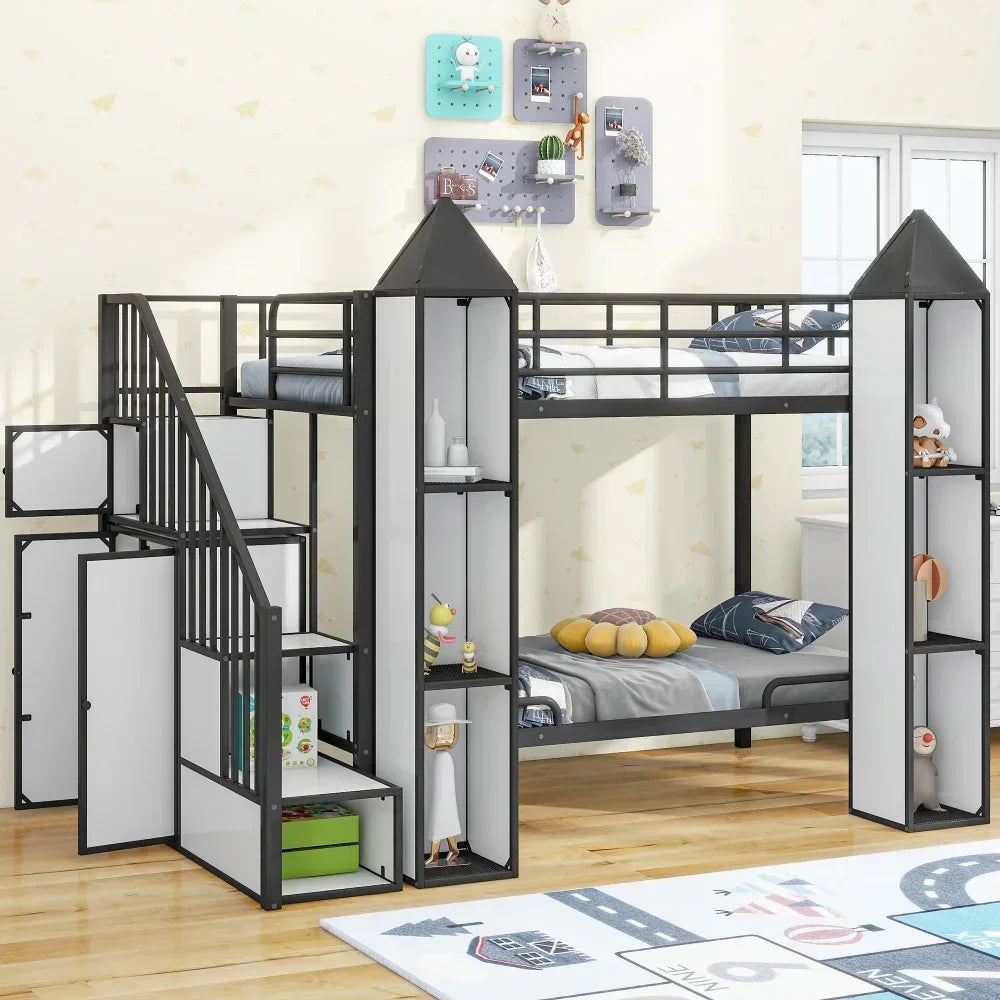 Metal Twin Over Twin Castle-shaped Bunk Bed with Wardrobe and Multiple Storage,Black+White Kids Beds for Boys Loft Beds Bunk Bed