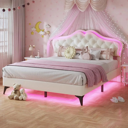 Size Upholstered Bed Frame with LED Lights, Adjustable Headboard with Crystal Button, Princess Platform Bed for Girls, Soli