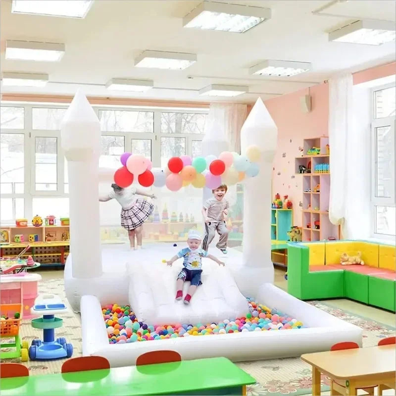 Castillo inflable blanco para niños con soplador, trampolín, tobogán, piscina de bolas, parque para fiestas de bodas, alquiler para eventos, juguete para niños, cama de salto