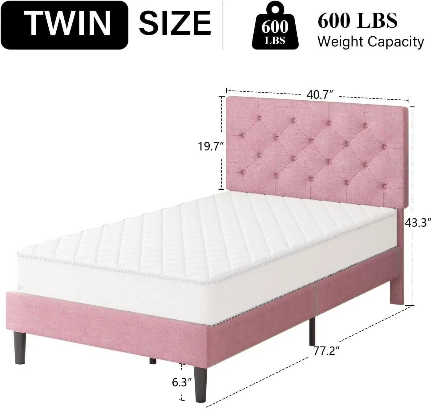 Marco de cama tamaño twin, marco de cama twin tapizado en tela de lino con cabecero, marco de cama twin rosa con listones de madera, botones