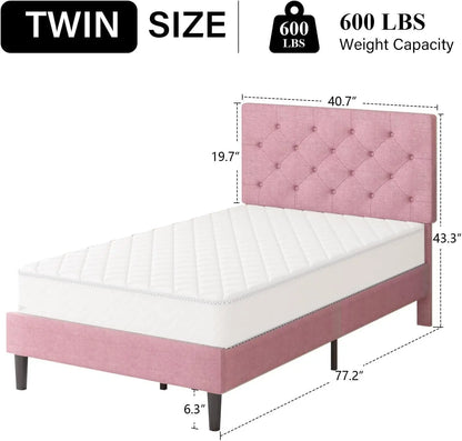 Marco de cama tamaño twin, marco de cama twin tapizado en tela de lino con cabecero, marco de cama twin rosa con listones de madera, botones