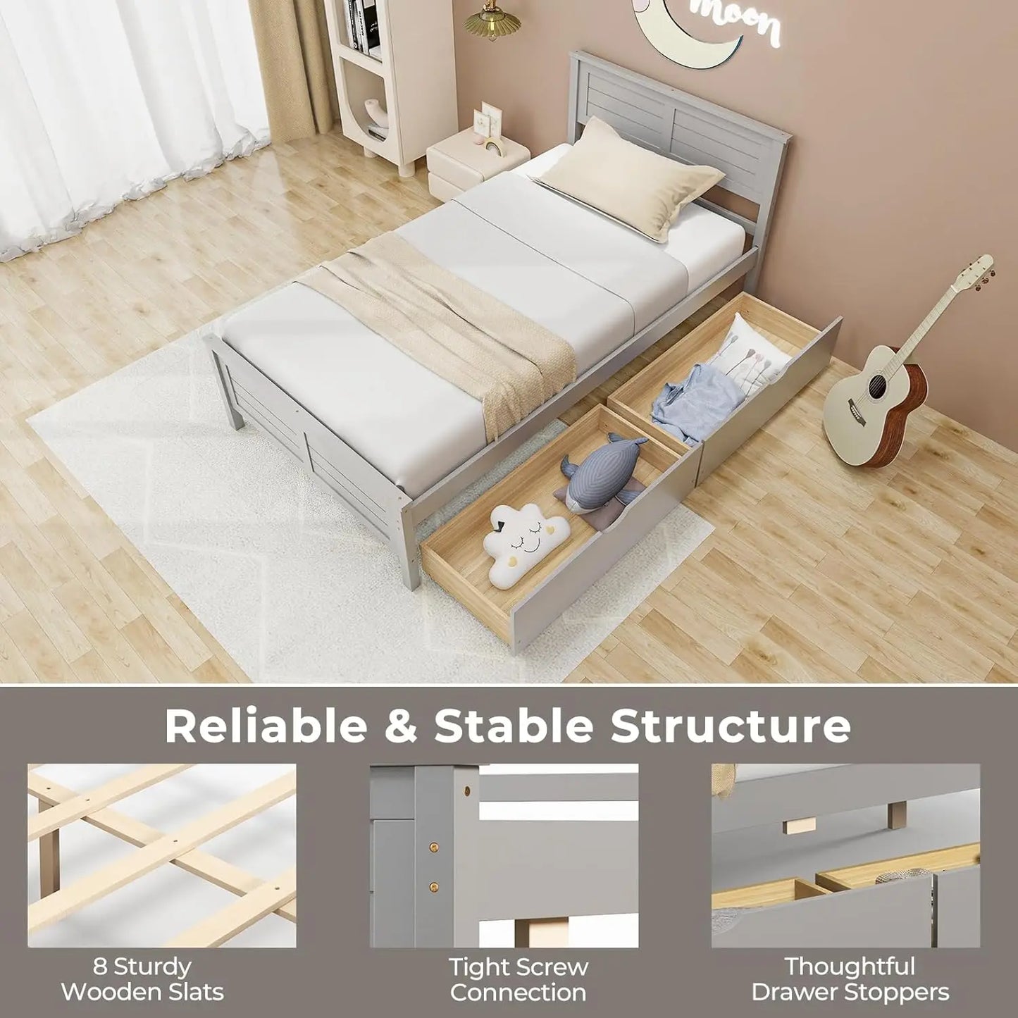 Lit simple en bois avec 2 tiroirs de rangement, lit plateforme en bois massif avec tête de lit, sommier à lattes en bois, sans ressort