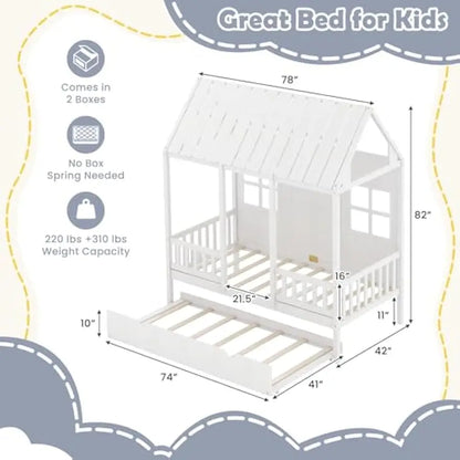 Twin House Bed with Trundle, Kids Bed Frame with 82" Tall Roof, Windows and Guardrail, Wooden Playhouse Bed for Teens Boys Girls