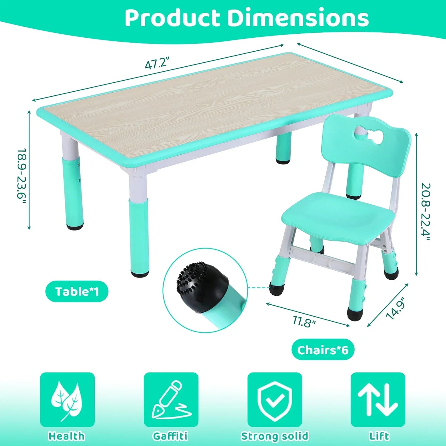 Ensemble table rectangulaire pour enfants avec 6 chaises, table multi-activités réglable en hauteur pour tout-petits, bureau d'art et d'artisanat pour filles, 2 à 10 ans