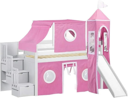 Cama tipo loft estilo princesa con escalera y tobogán, color rosa y blanco, y cama tipo loft tipo torre, tamaño twin, recomendada para niños de 6 años en adelante