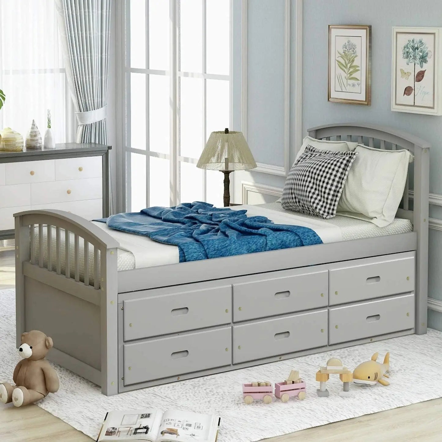 Marco de cama tamaño twin con 6 cajones de almacenamiento, marco de cama de madera con cabecero y pie de cama para dormitorio, cama doble tipo capitán para niños A