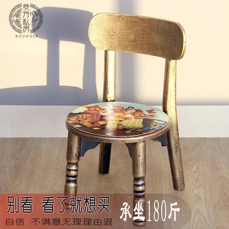 Solid Wood Children Chair Cute Living Room Small Household Adult Short Backrest Study Seat Writing European Designer Furniture