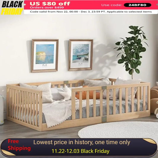 Twin beds with safety rails, children's Montessori floor beds, wooden children's floor bed frames