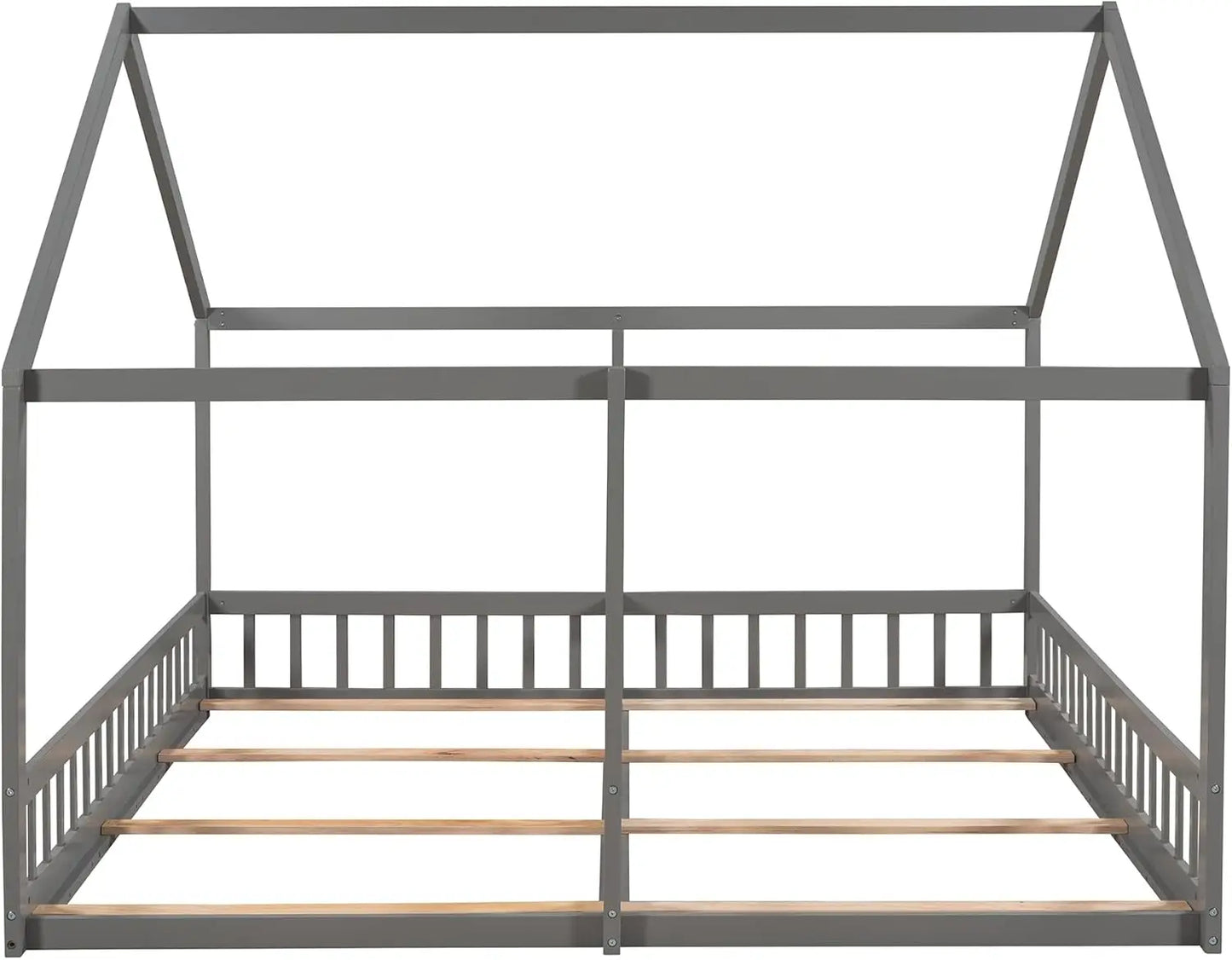 Merax Double Twin Kids House Shaped Low Platform Beds, Wood Floor Bed Frame for Boys, Girls, No Box Spring Needed Easy Assemble