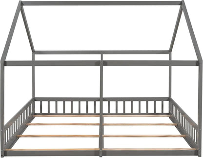 Merax Double Twin Kids House Shaped Low Platform Beds, Wood Floor Bed Frame for Boys, Girls, No Box Spring Needed Easy Assemble