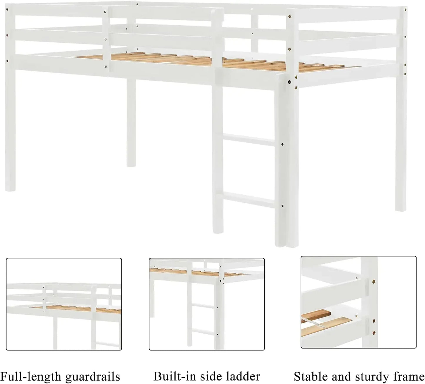 Loft Bed for Kids with Ladders and Guard Rails,Solid Wood and Sturdy Low Loft Bed Frame for Boys Girls and Junior,No Box Spring