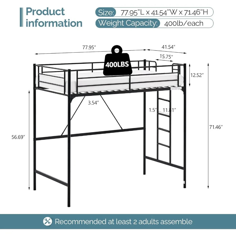 Escalier pour lit double mezzanine en métal avec barrières de sécurité et barreaux d'échelle plats/revêtement en caoutchouc pour enfants, adolescents et adultes