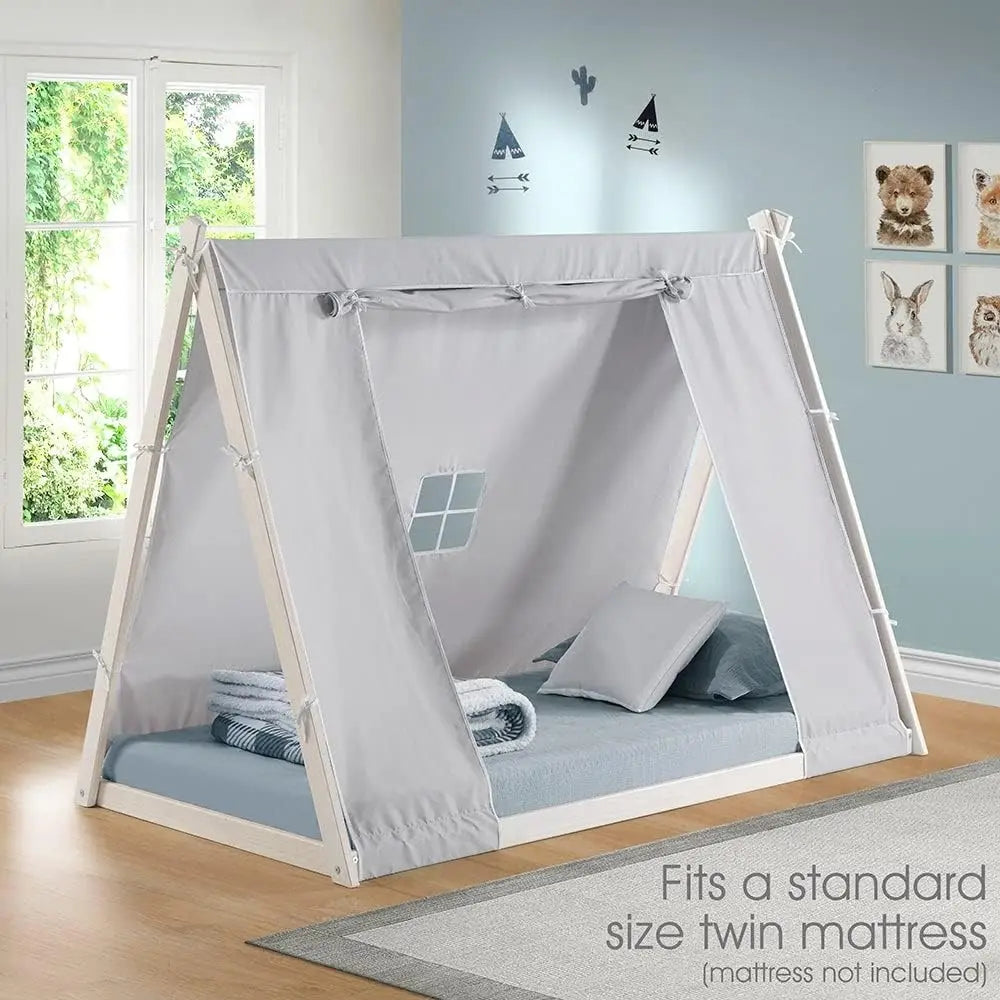 New Tent Twin Floor Bed - Natural or White Frame, Grey Tent, Children’s Bedroom Furniture … (White Frame)