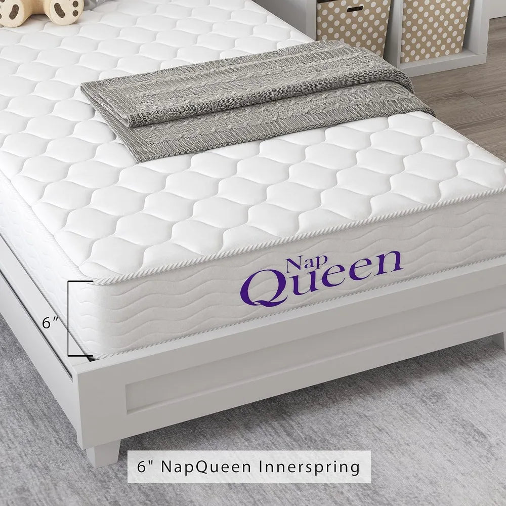 NapQueen Kid Bed 6 Inch Innerspring Twin Size Medium Firm Support Relief Mattress, Bed in A Box, White