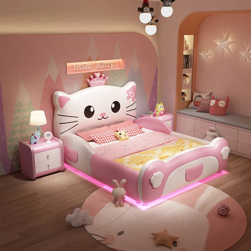 Cama doble de lujo para niñas princesas, diseño moderno y suave, camas individuales tipo loft, marcos de cama para niños, muebles de dormitorio para bebés con iluminación tipo cabaña