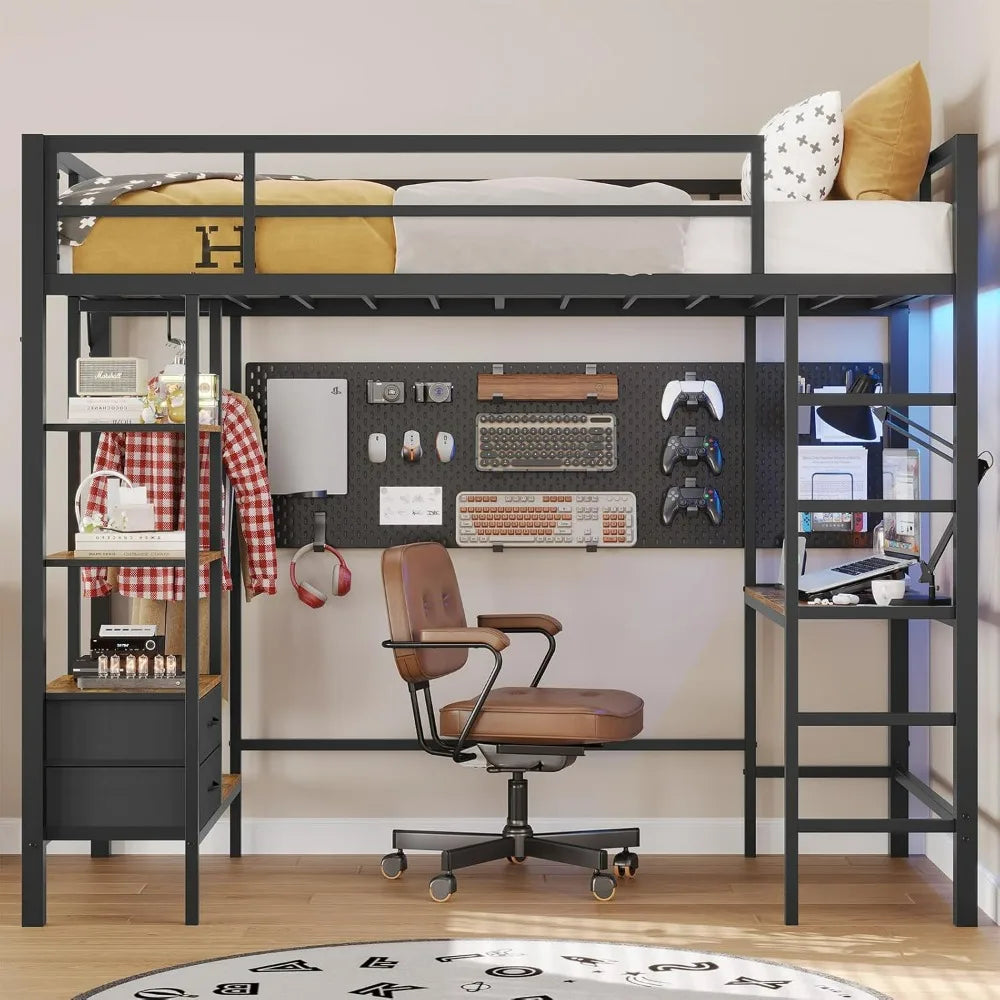 Twin Size Loft Bed, Desk and Led Lights Metal Loft Bed with Storage Shelves and Drawers Twin Junior Bed with Clothes Rail, Bed