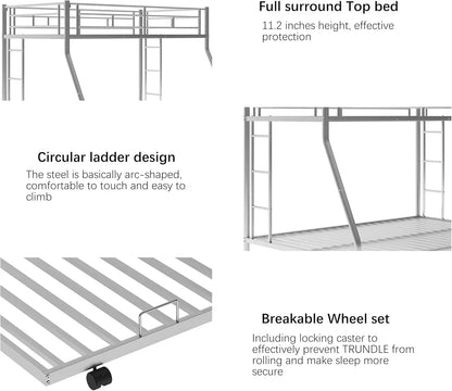 Triple Bunk Beds Twin Over Full Bunk Bed with Trundle,Sturdy Steel Bunk Beds Frame for 3 Kids/Teens with Two Side Ladders