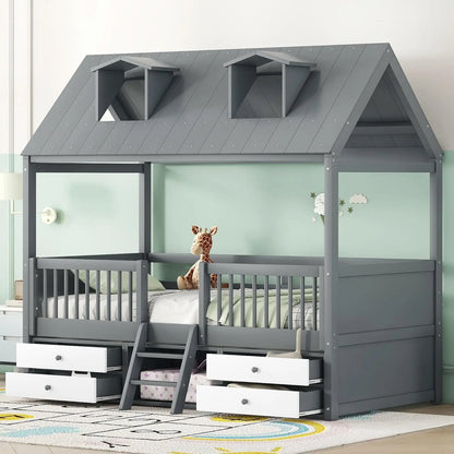 Twin Size Wood House Bed Frame with Full-Length Fence and 4 Storage Drawers, Kids Playhouse Tent Bed with Roof and 2-step