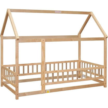 Lit double au sol, lit Montessori en bois avec clôture et toit pour enfants, cadre de lit double Playhouse pour filles