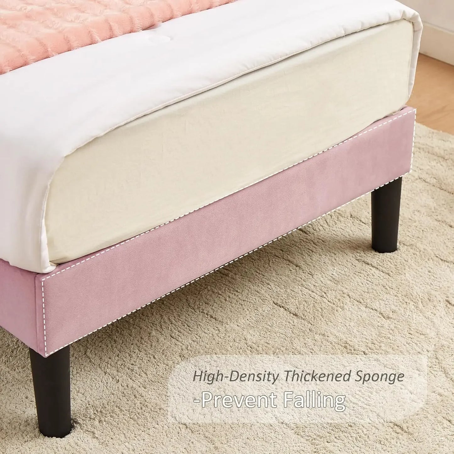 Twin Size Bed Frame Upholstered with Headboard, Strong Platform with Crown for Kids Girls, Wooden Slats Support