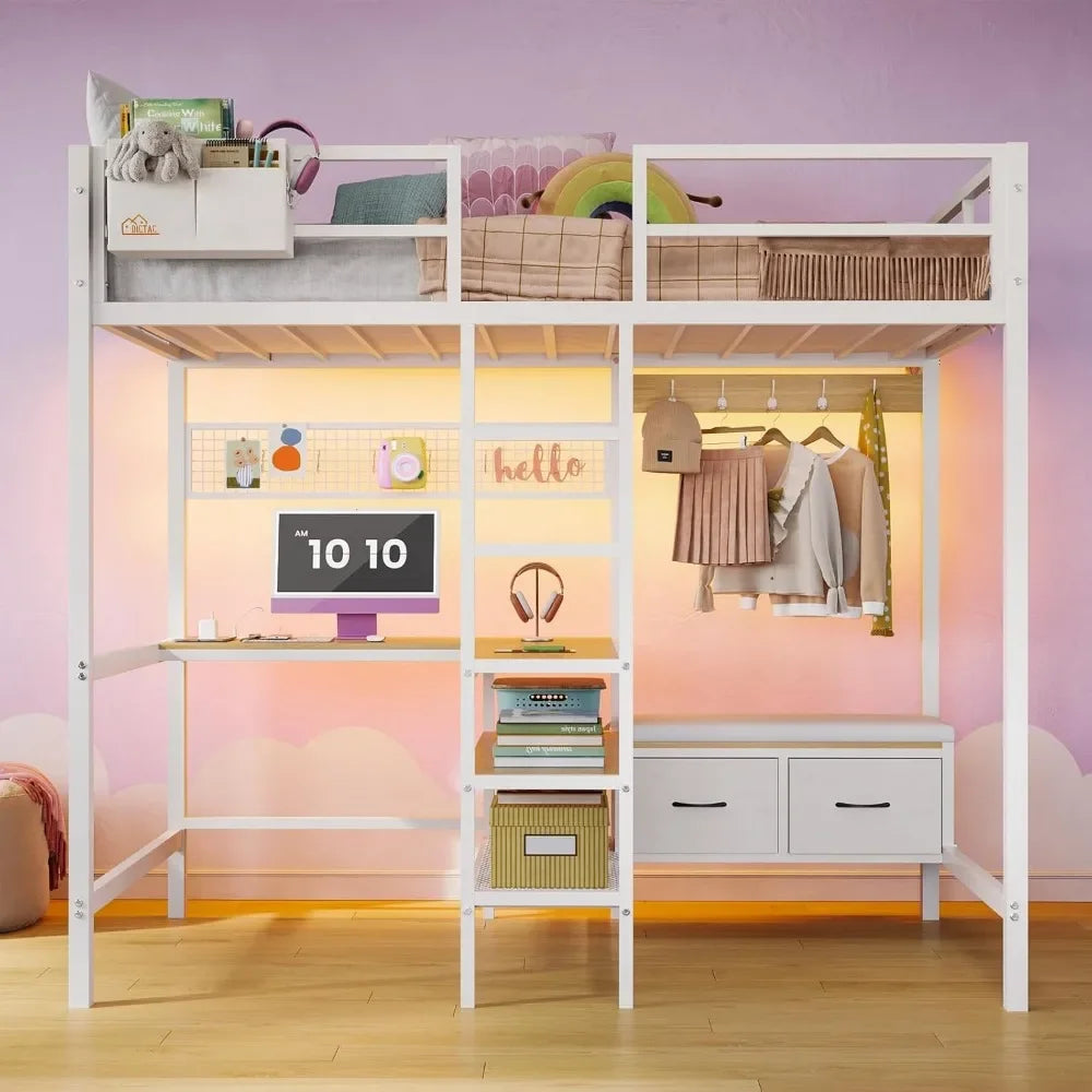 Loft Bed with L-Shaped Desk, LED Lights and Charging Station with Storage Shelves and Coat Rack with 2 Storage Drawers, Kids Bed