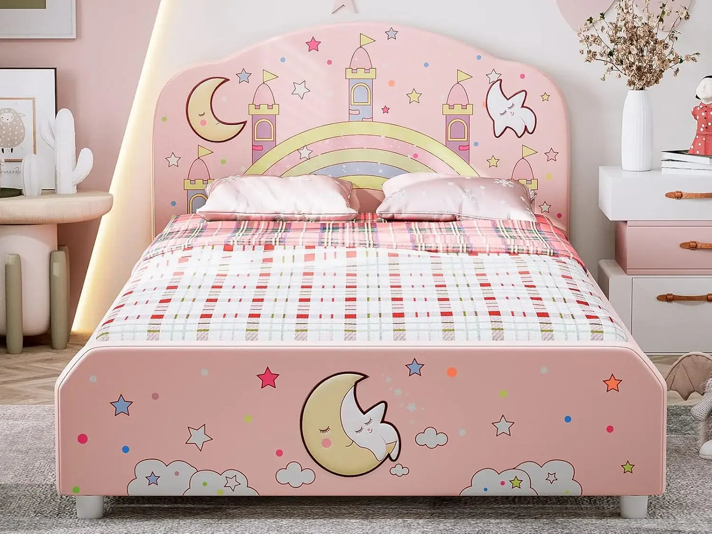 Cama infantil de tamaño doble, estructura de cama tapizada con plataforma doble y cabecera curva, cama infantil de princesa rosa