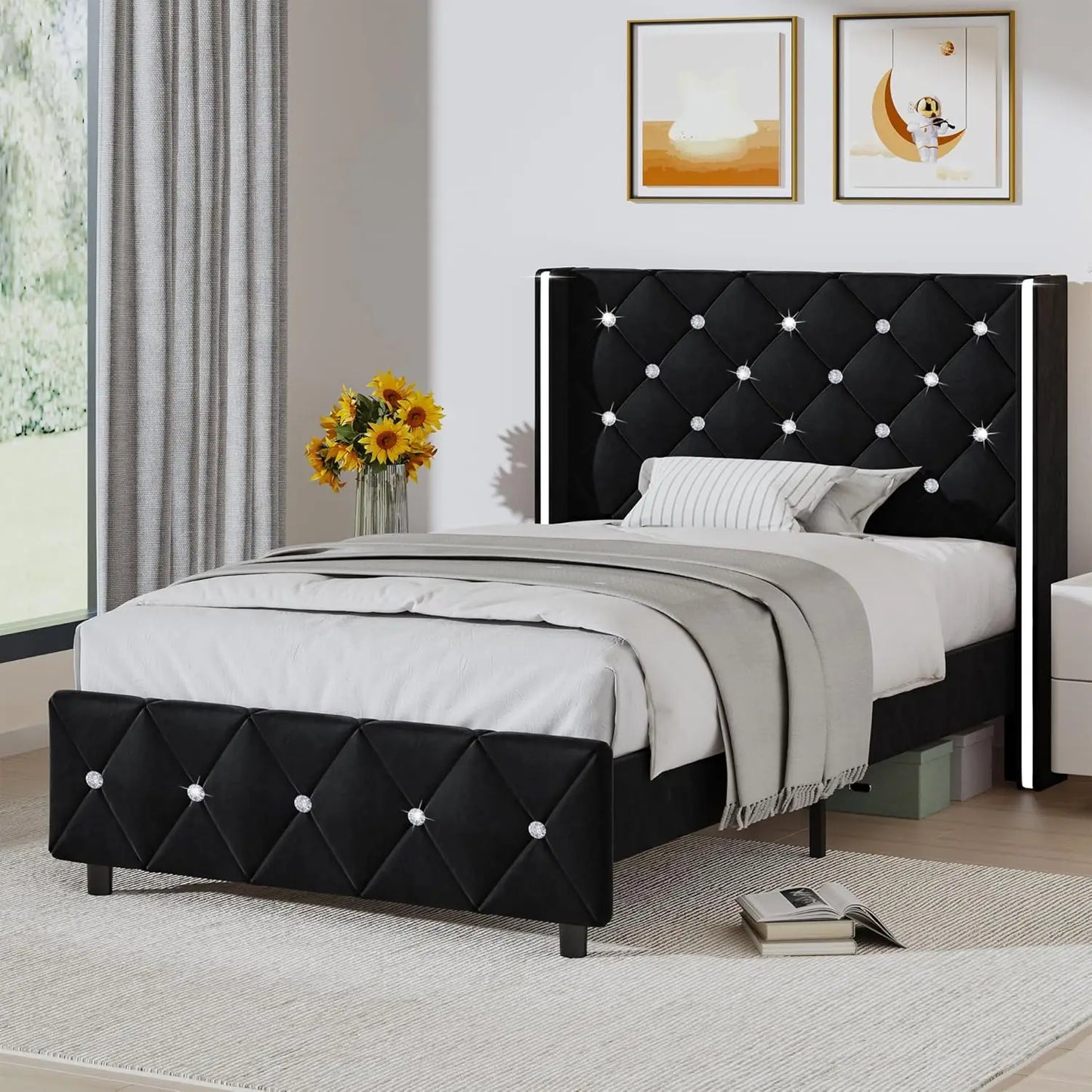 Twin Bed Frame Upholstered Bed Frame with Diamond Tufted Headboard & Footboard Twin Velvet Bed Frame for Kids Wooden Slats