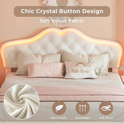 Size Upholstered Bed Frame with LED Lights, Adjustable Headboard with Crystal Button, Princess Platform Bed for Girls, Soli