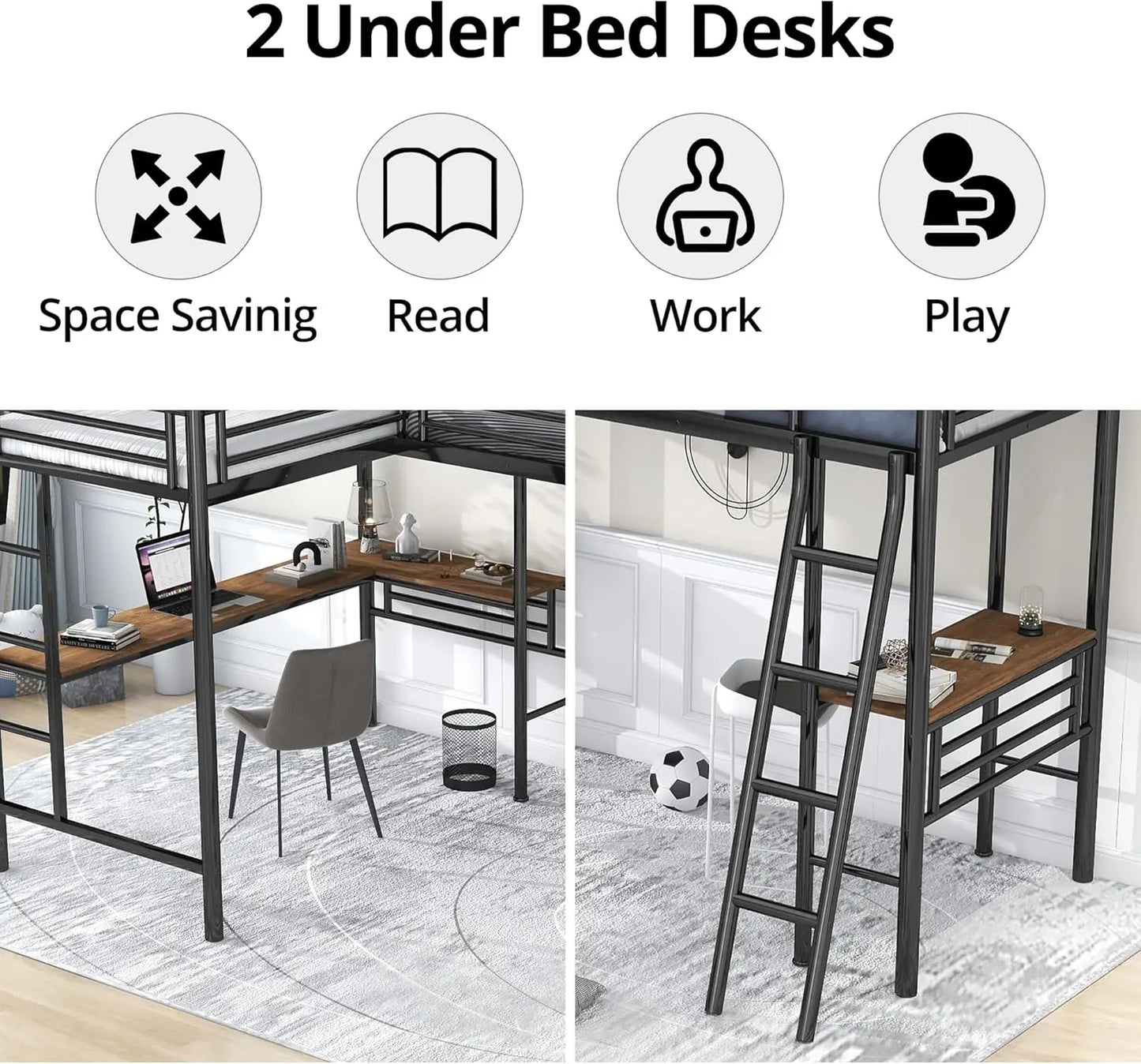 Twin Size L-Shaped Loft Bed with 2 Built-in Desks Metal Loft Corner Bed with 2 Ladders and Safety Guard Rail Heavy Children Beds