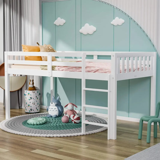 Twin Loft Bed Low Loft Bed Frame for Little Kids Small Room/Low Ceiling with Guardrail and Ladder, White