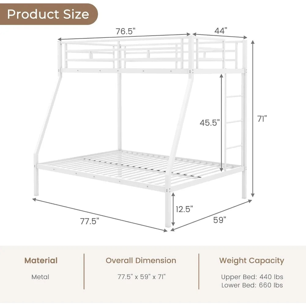 Twin Over Full Bunk Bed,Bunk Bed Frame W/Ladders, Safety Rail , Bunk Bed for Kids Adults, Noise Free for Dormitory Bedroom,White