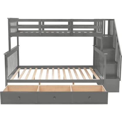 Lit superposé double avec escaliers et tiroirs de rangement, cadre de lit superposé en bois dur pour enfants, adolescents et adultes, chambre à coucher, dortoir