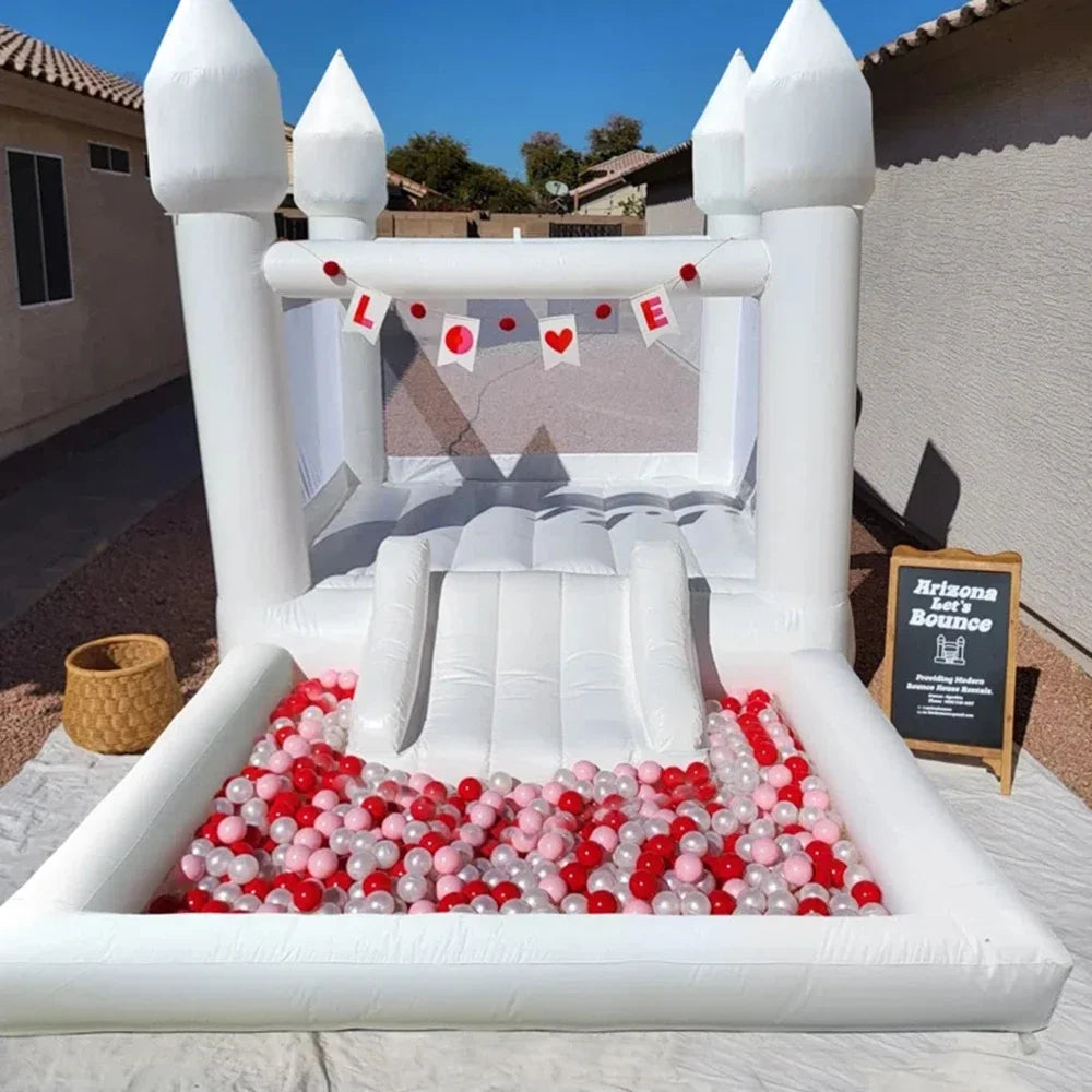 Castillo inflable blanco para niños con soplador, trampolín, tobogán, piscina de bolas, parque para fiestas de bodas, alquiler para eventos, juguete para niños, cama de salto